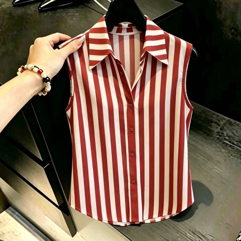 Vintage Collectible Buttons - Sleeveless Striped Contrast Button Elegant Shirt